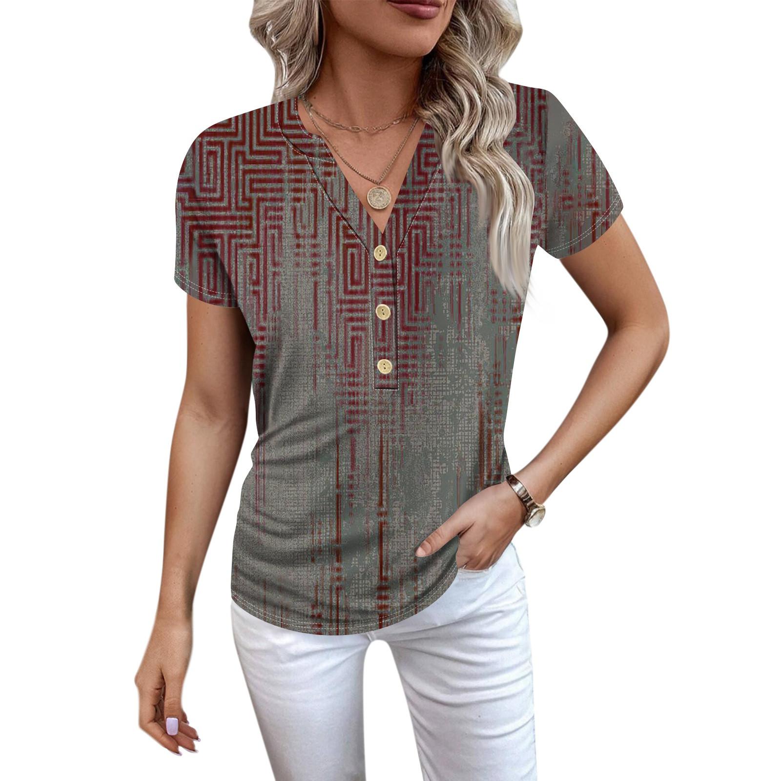 

Женская новая футболка с v-образным вырезом на пуговицах и модным принтом с коротким рукавом и ретро-принтом, повседневные топы, футболки большого размера XL винный