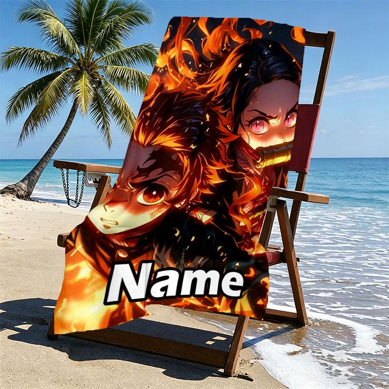 Custom Name Personalized Demon Slayer Print Beach Towel, for Trip Camping Beach Party Home Decor, Birthday Gift for Family & Friends