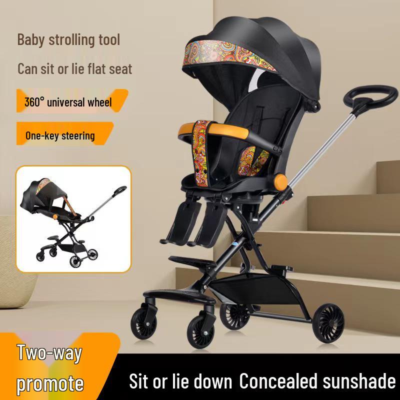 Lightweight Foldable Two-Way Reclining High Landscape Baby Stroller with Four Wheels.