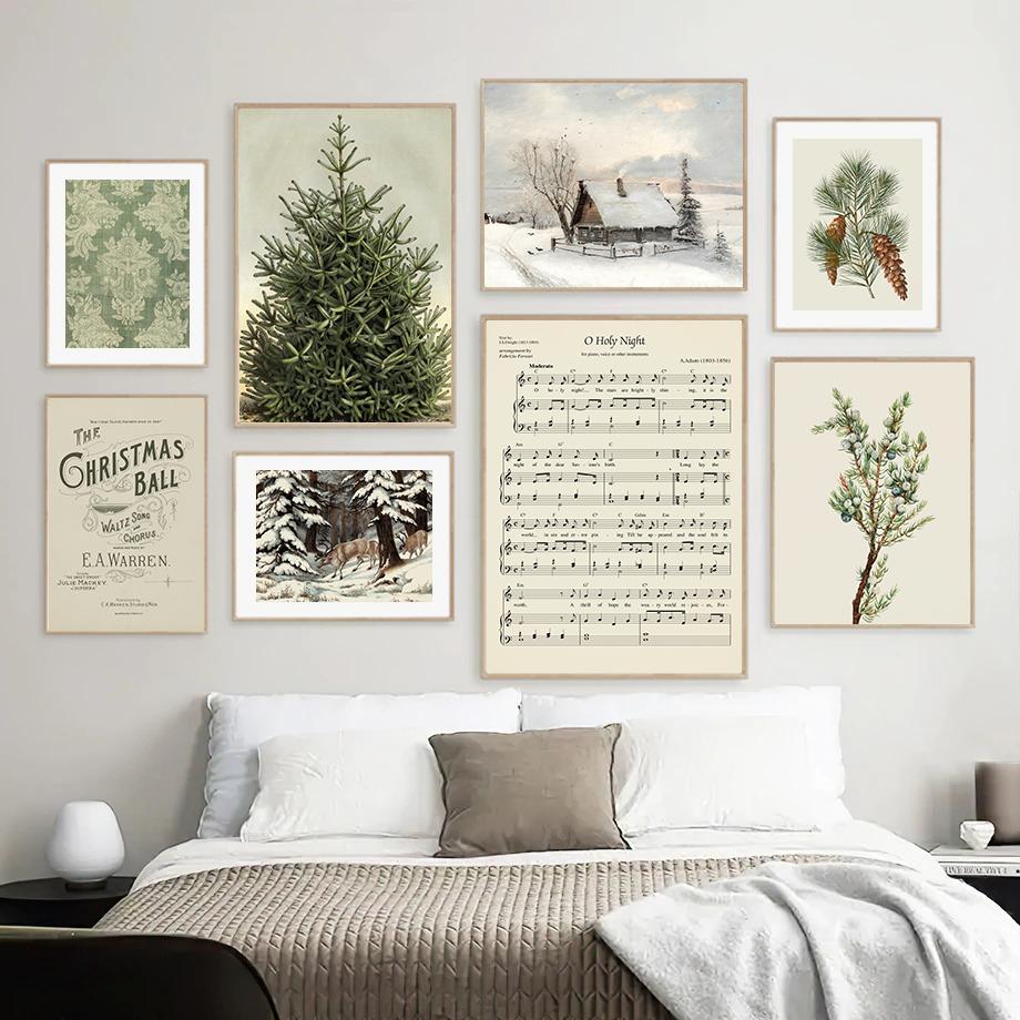 Christmas Gallery Wall Art Prints Rustic Winter Oil Painting Canvas Poster Holiday Decorative Wall Pictures Farmhouse Wall Decor
