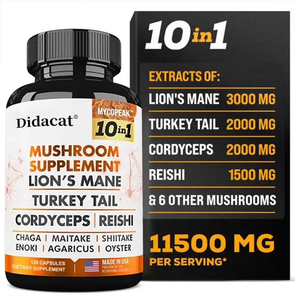 Pilzkomplex 11500 mg, enthaltend Igelstachelbart (Hericium erinaceus), Raupenpilz (Cordyceps militaris), Glänzender Lackporling (Ganoderma lucidum) und Chaga-Pilz 120 Kapseln