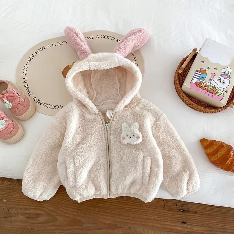 Plüsch Baby Mädchen Jungen Jacke Frühling Herbst Warm halten Reißverschluss Kapuze Oberbekleidung Niedlicher Hase Bär Säuglingsmantel Kinderkleidung