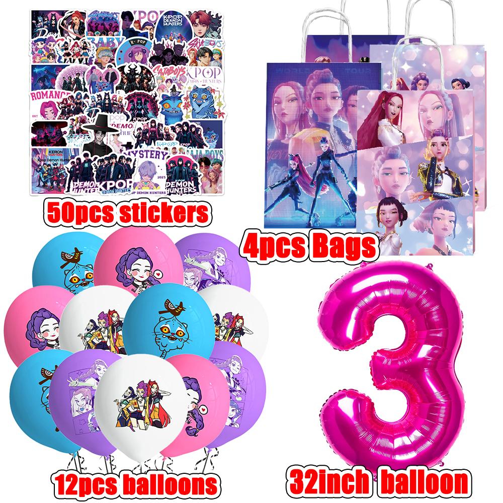 Kpop Demon Hunters Party Supplies Stickers Balloons Party Favors Disposable Tableware Tablecloth Plates Cups Baby Shower Toys