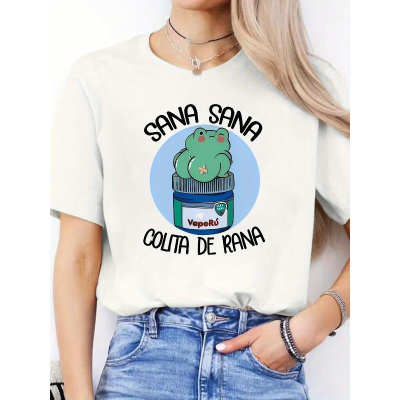 Women s Sana Sana Colita de Rana Graphic T-Shirt Frog Design Short Sleeve Round Neck Casual Spring Summer Top S белый