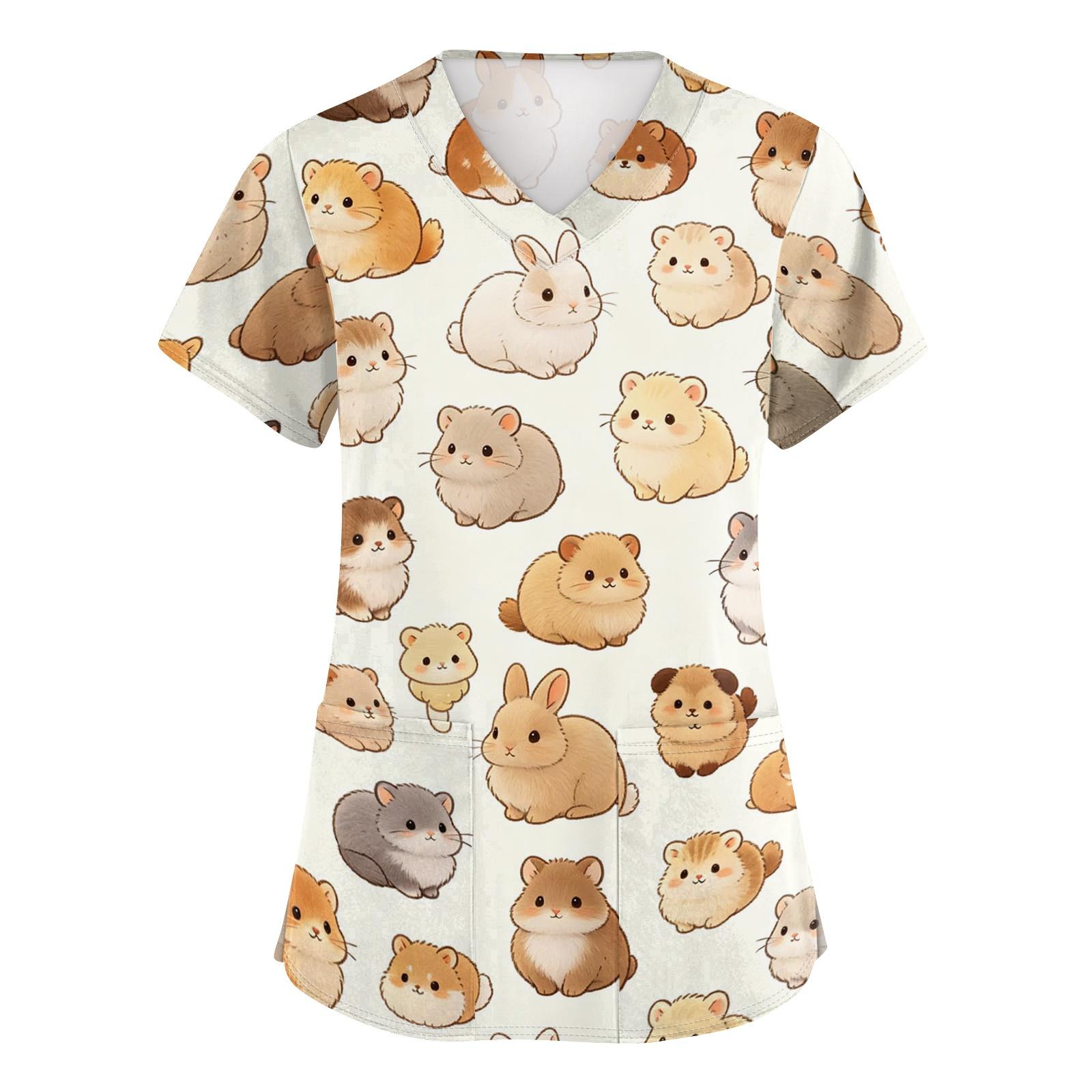 

Women s V Neck Short Sleeve Work Top with Pockets Animal Print Medical Scrub Shirt for Healthcare Professionals Comfortable Fit M бежевый