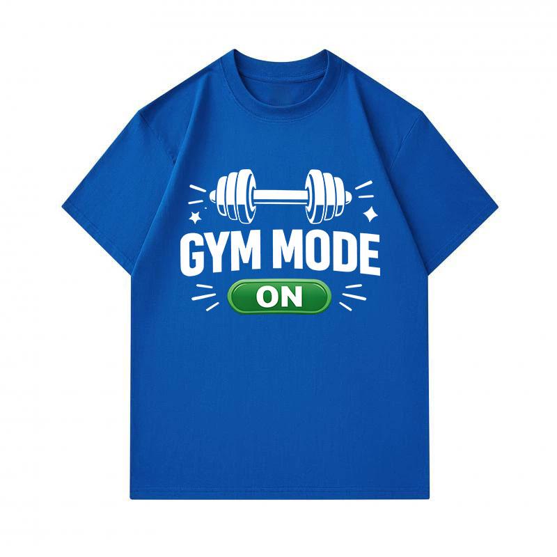 Mens 100% Cotton Crew Neck Short Sleeve T-Shirt, Casual Funny Gym Mode On Dumbbell Print Tees, Fitness Workout Athletic Pullover Tops for Daily Gym We
