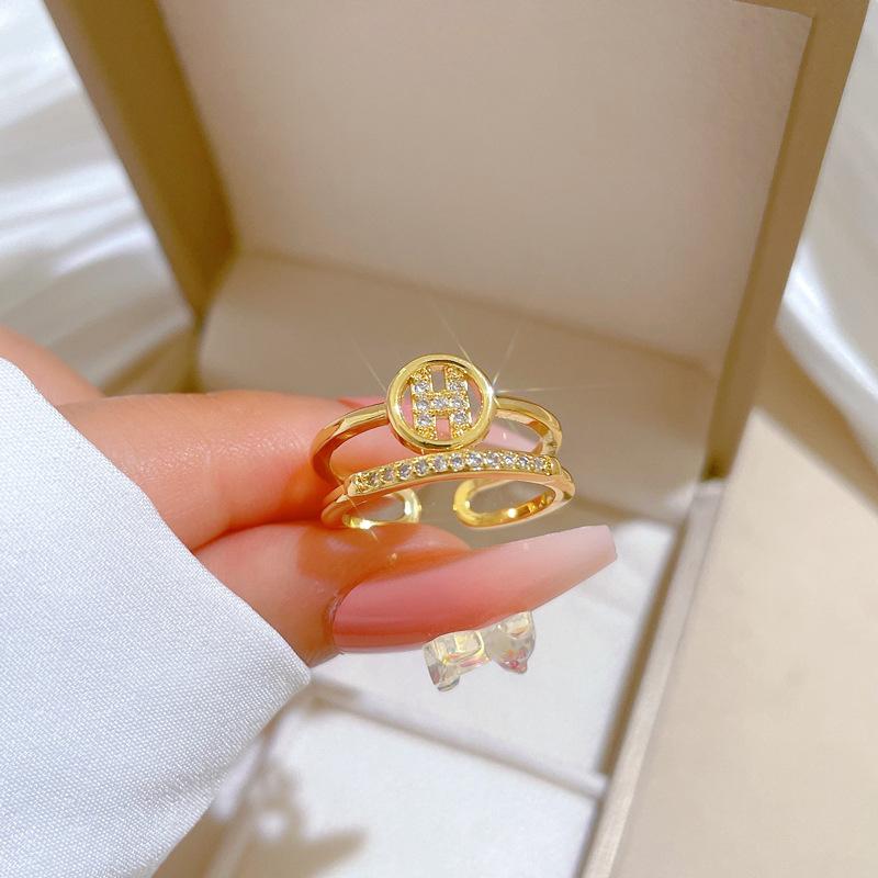 Real Gold Light Luxury Fashion Zircon Ring Opening Adjustable Simple Jewelry Japanese Ring Couple Ring