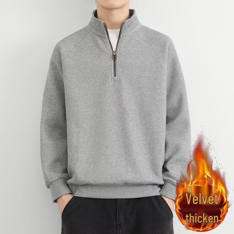 Men's Retro Fleece-Lined Half-Zip Stand Collar Jacket | Solid Color Casual Sweatshirt for Spring, Autumn, Winter