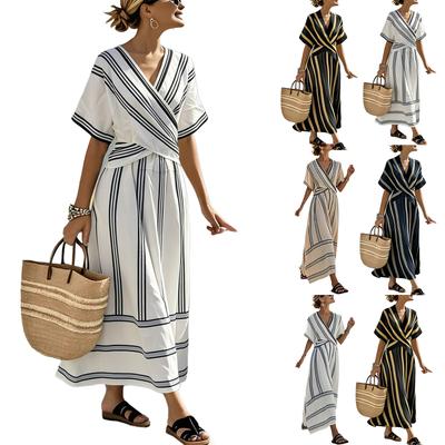 Vestido Casual de Mujer con Cuello en V de Manga Corta Cintura Plisada Dobladillo Acampanado Maxi Vestido Cómodo de Corte Holgado Vestido de Verano para Vacaciones