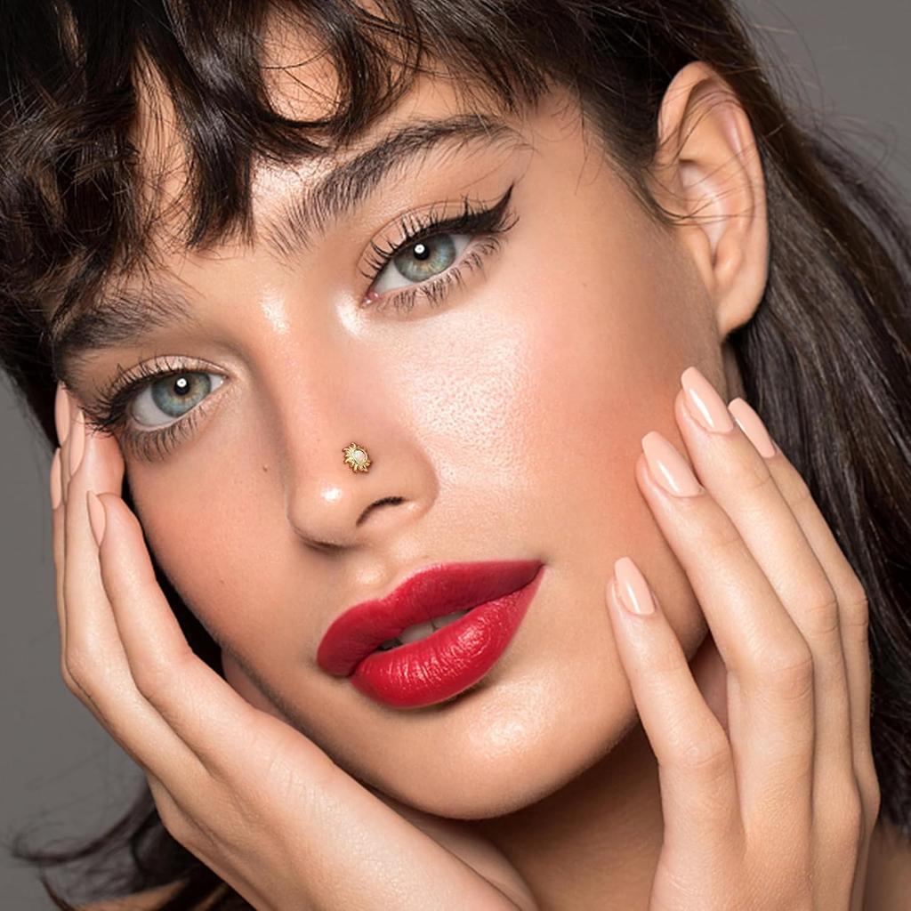 Bobisty Nose Rings Studs for Women Stainless Steel L Shaped Nose Studs Tiny Opal CZ Sunflower Bee Planet Nose Piercing Jewelry