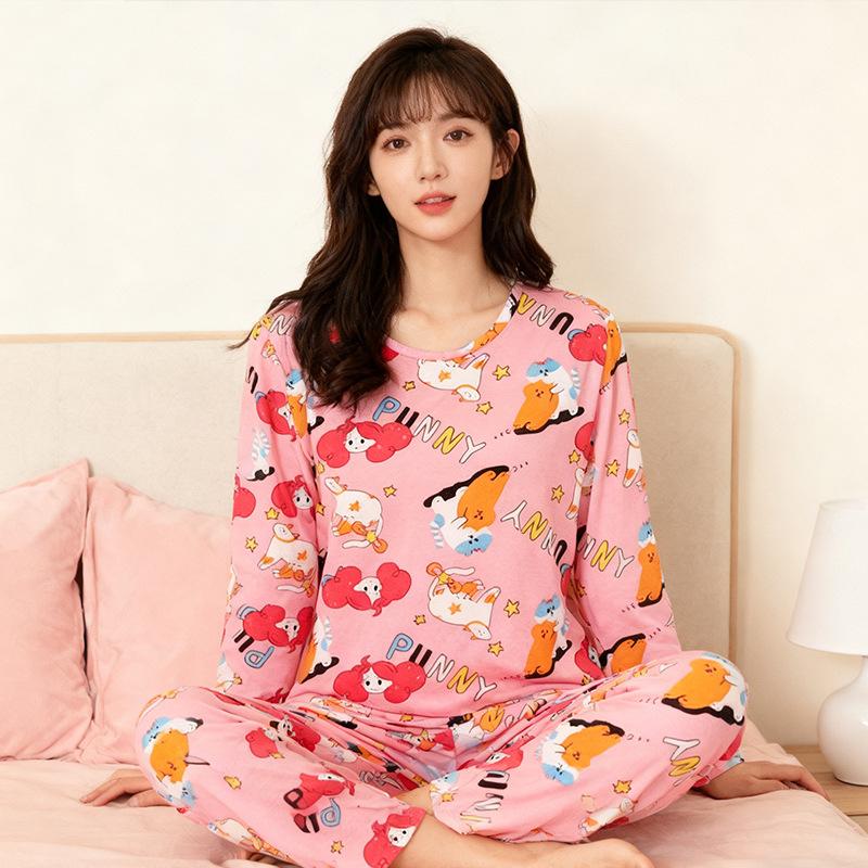 Spring and Autumn women's cartoon pajamas, pink girl cat print long-sleeved suit, loose loungewear
