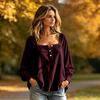 Women's Corduroy Square Neck Long Sleeve Buttoned Half Placket Pullover Top