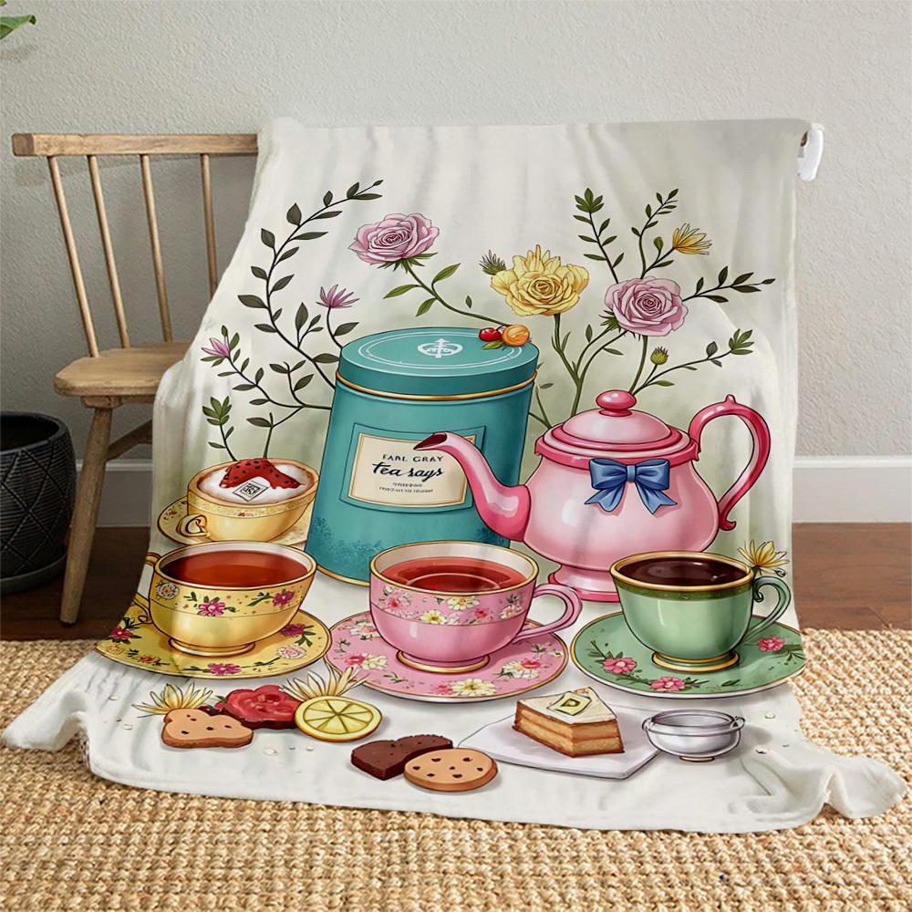 1pc Tea Time Tea Party Outdoor Flannel Blanket Soft Warm All-Season Throw for Sofa Bed Car Camping Office, Cozy Gift Idea1282S
