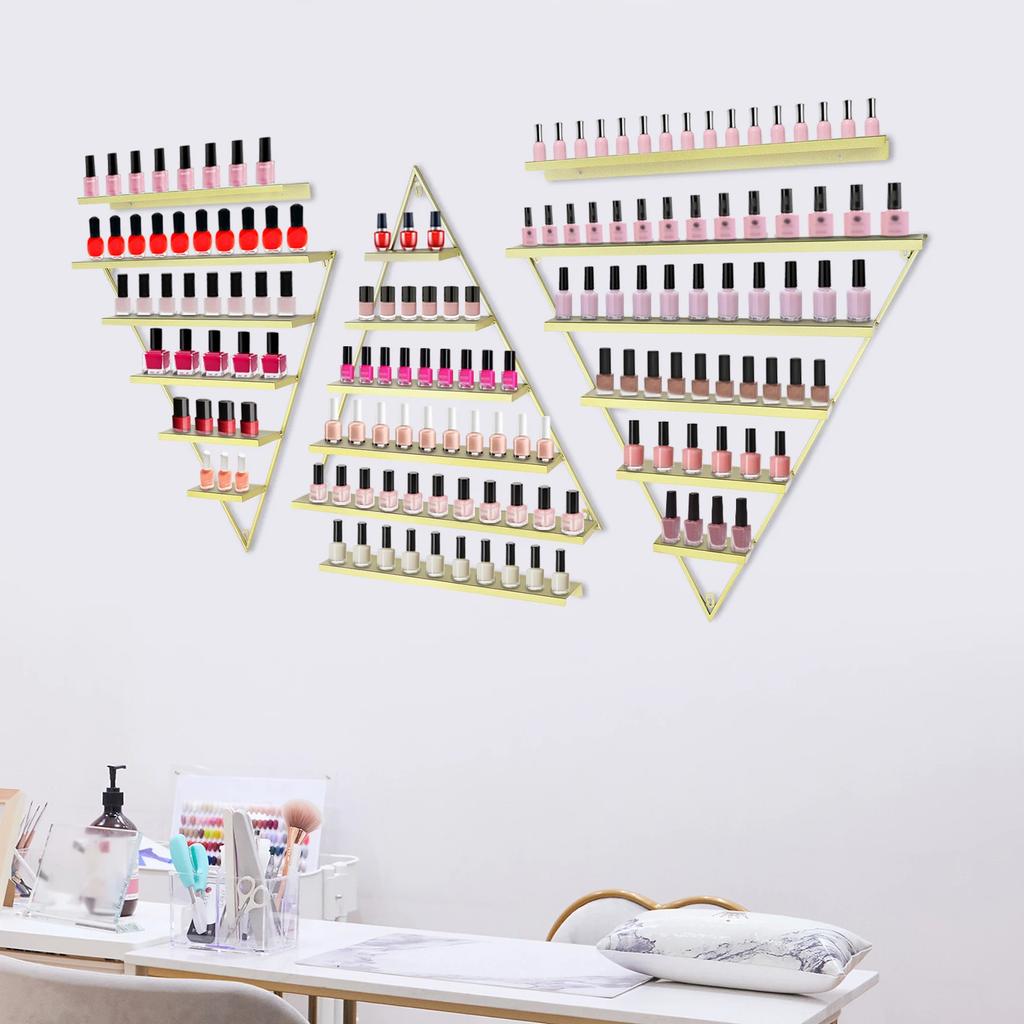 BYMAOCAR Gold Wall Mounted Nail Polish Rack, 6Pcs Triangular Cosmetic Display Shelves for Essential Oil Bottles, for Home/ Salon