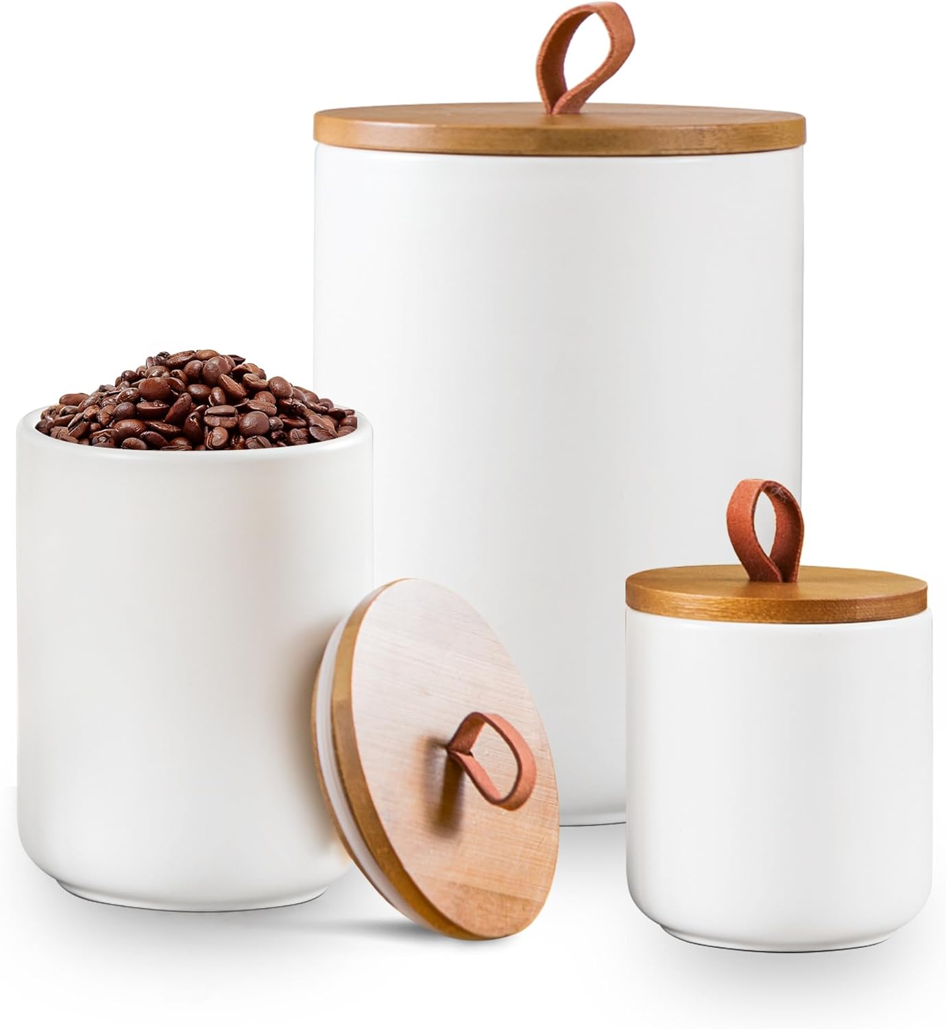 

3pcs White Ceramic Canisters with Airtight Wood Lids for Flour, Sugar, Coffee, Tea, Spice – Kitchen Countertop Storage