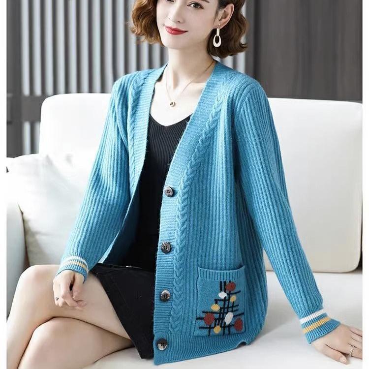 

Вязаный кардиган женский весенне-осенний свободный большого размера верхний кардиган шаль свитер куртка для женщин среднего возраста XXXXL синий