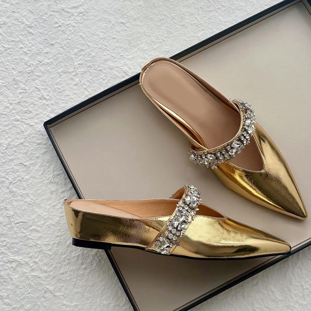 Sheepskin Version~ Zhao Ruth's Same One-word with Rhinestone Bag Head Slippers Women's Retro Summer Thick-bottomed Pointed Half Slippers