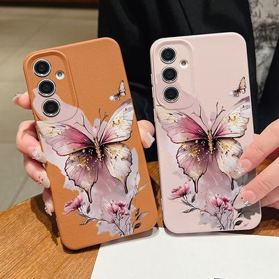 S26 Ultra Hülle Luxus Rosa Schmetterling Aquarell Muster Lederstruktur Weiche Silikonhülle Für Samsung Galaxy S25 Edge S24 Ultra S23 S22 Plus S21 FE