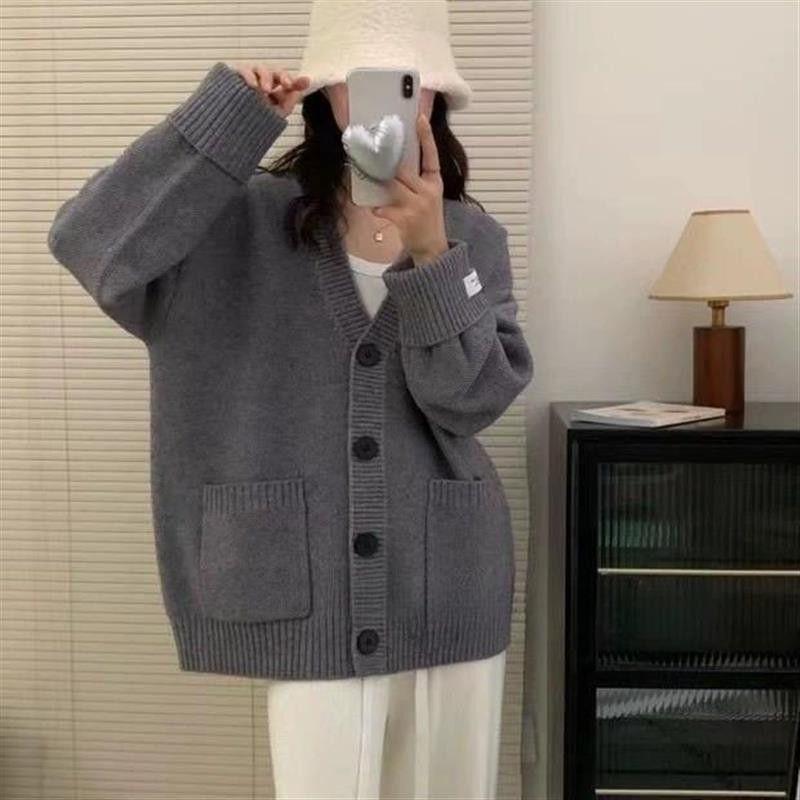 

Осень-зима женский свитер вязаный базовый кардиган длинный рукав свободный повседневный плотный пальто XS серый