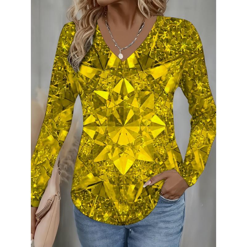 All-over Printed Women's Fashionable V-neck Crystal Star Long-sleeved Blouse
