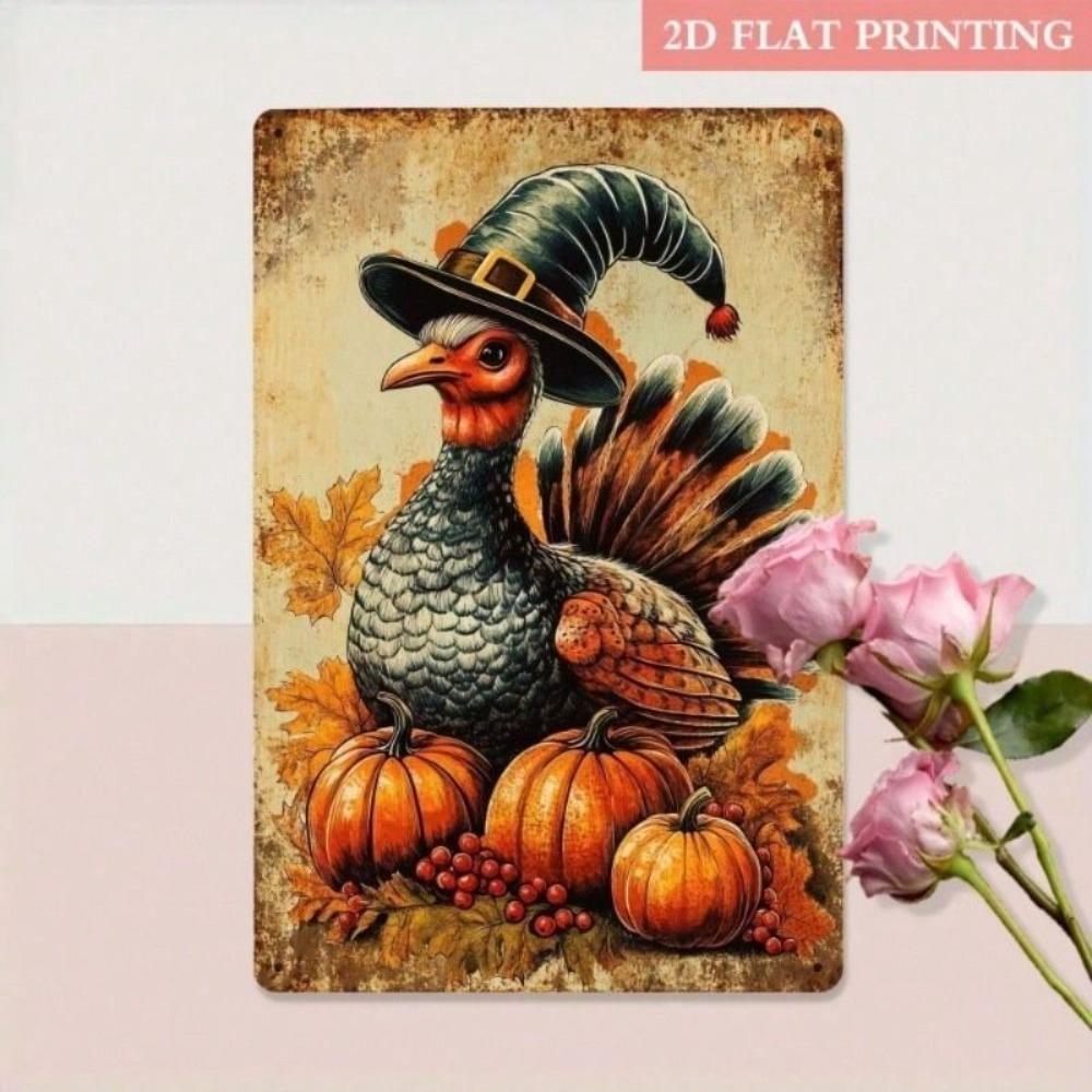 Metal Wall Art Vintage Turkey Pumpkin Tin Sign for Kitchen