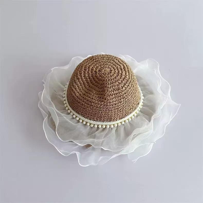 Sweet bow embroidered straw hat women's seaside vacation fisherman's hat children's summer hollow breathable straw visor