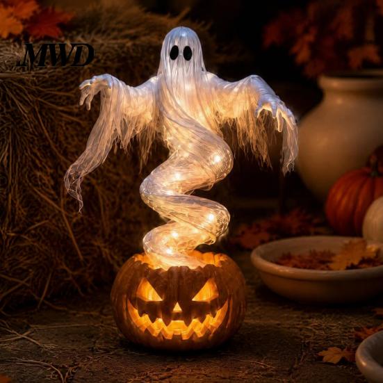 Autumn Yard Decor Halloween Swirling Ghost Pumpkin Lamp, Lighted Spooky Decorative Sculptures Statue, Warm LED Outdoor Decoration for Porch