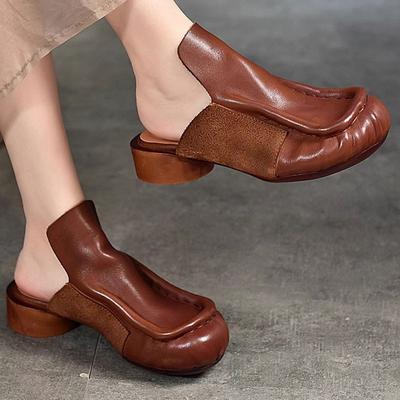 2024 New Summer Slippers Genuine Leather Women Shoes Outside Slides Handmade Retro Round Toe Thick Heels Sandals
