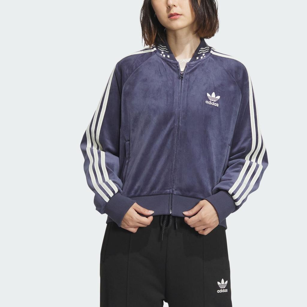 Adidas Originals Klassisk Retro Trefoil Fløyel Hettejakke Dame Topper Marineblå IX4224