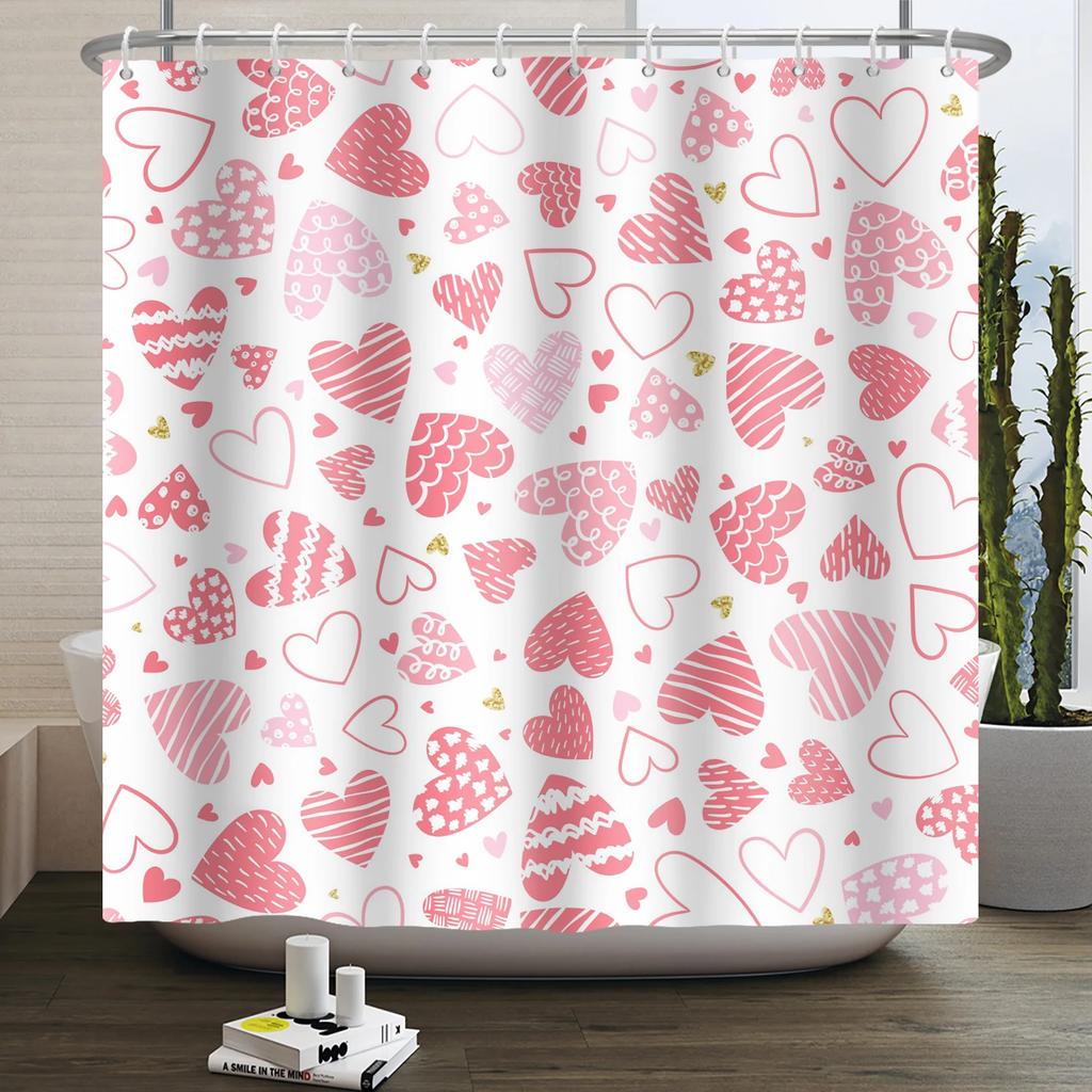 Happy Valentines Day Heart Shower Curtain Red Pink Romantic Falling Love Heart Sweet Lovers Waterproof Bathroom Curtain Decor