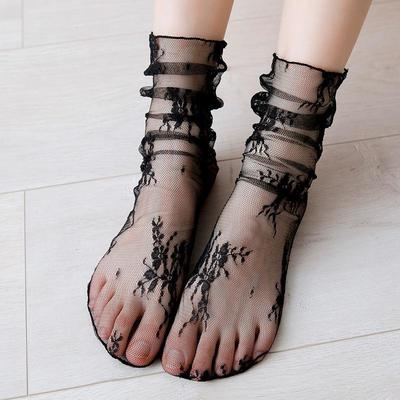 Korean Style Floral Lace Mesh Slouch Socks - Breathable Transparent Mid-Calf Fairy Socks