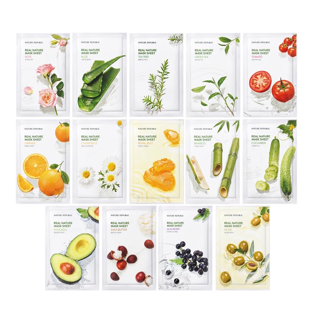 Nature Republic Real Nature Sheet Mask – 15 + 15 Random Assorted Set (30 Pcs)