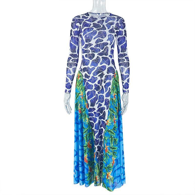 

Western Style Print Personality Women clothes Slightly Transparent Waist Hugging Slimming Hip Skirt Turtleneck Long sleeve Commuter Length Dress Blue-Green S