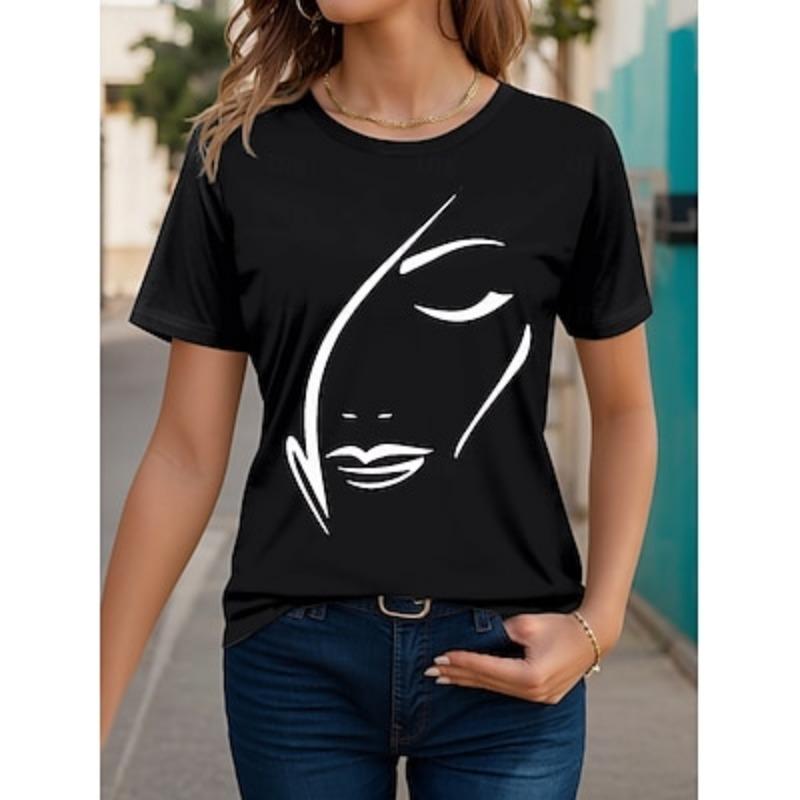 Women's T Shirt Tee Black White Red Floral Short Sleeve Casual Daily Basic Round Neck Regular S