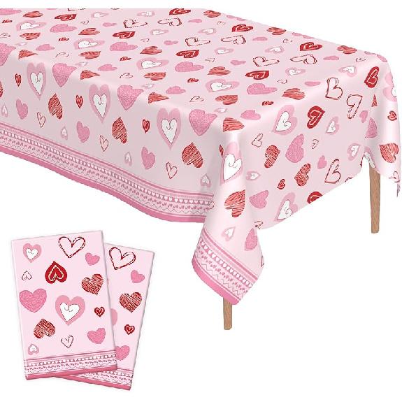 Valentines Tablecloth, 2Pcs Valentines Tablecloth Plastic 54x108 Inch Red Pink Love Heart Table Cloth Valentines Tables Cloth Disposable Rectangle