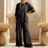 Women's Round Neck Irregular Hem 3/4 Sleeve Linen Look Top and Wide Leg Pants 2 Piece Casual Outfit