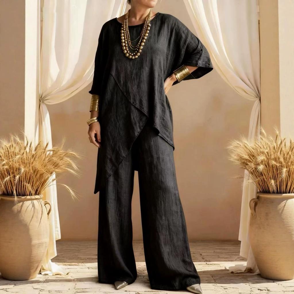 Women's Round Neck Irregular Hem 3/4 Sleeve Linen Look Top and Wide Leg Pants 2 Piece Casual Outfit