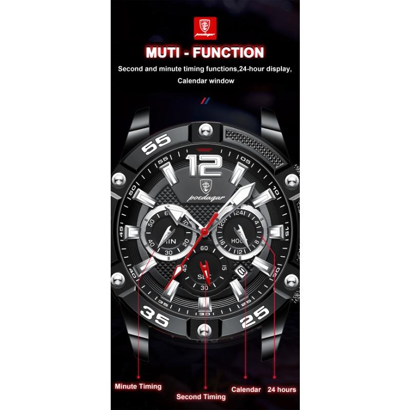 POEDAGAR Orologio da Polso da Uomo di Lusso Cronografo Sportivo Cinturino in Silicone Orologi Impermeabile Luminoso Data Orologio al Quarzo Moda