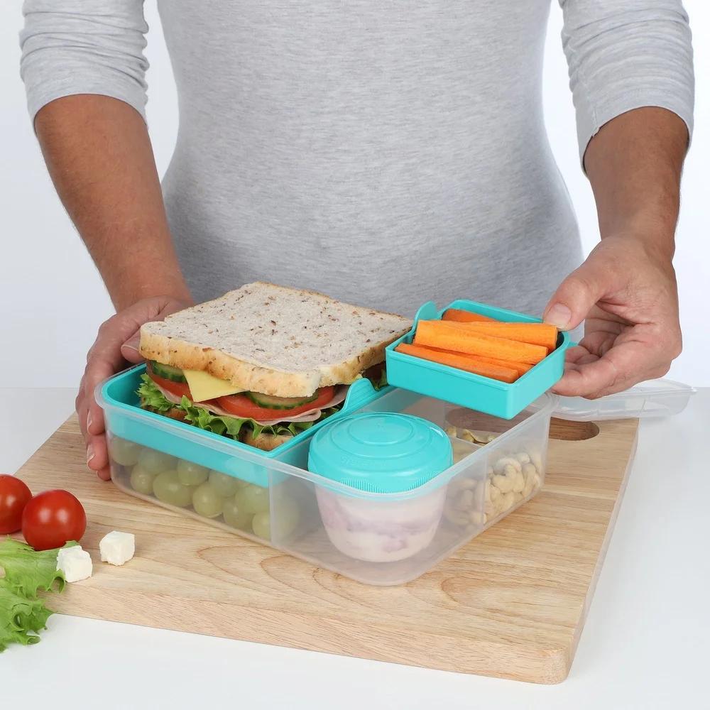 Plastic Bento Lunch Box with Yogurt Pot Microwave Safe Freezer Safe Stackable Easy Locking Clip Multiple Compartments Teal