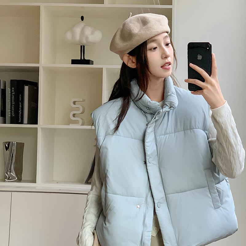 Light Blue Sleeveless Stand-up Neck Down Cotton Jacket Women's Winter New Small Short Warm Bread Jacket
