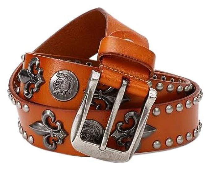 [Laquest] Laquest Men s Leather Studded Belt, Antique Skull Concho, Fleur-de-lis Emblem Relief (Saddle Brown)