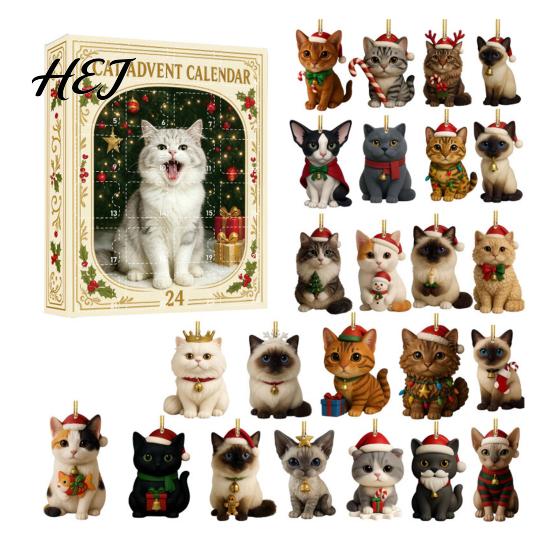 Holiday Countdown Gift Box 24 Day Cat Advent Calendar with Acrylic Christmas Ornaments, 2D Flat Animal Themed Ornaments Hanging Decorations, Xmas Tree