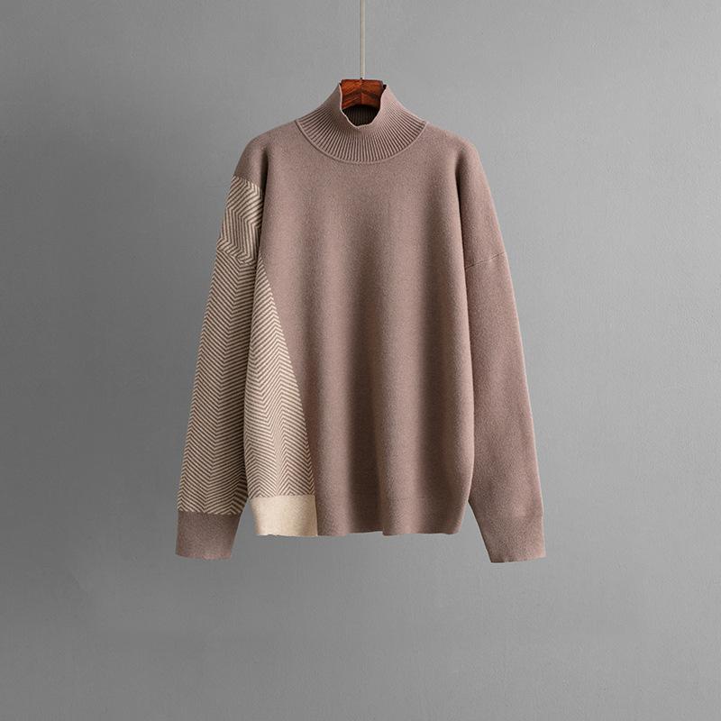 Fashion Contrasting Color Semi-turtleneck Loose Knitted Top Wide-leg Pants Two-piece Set