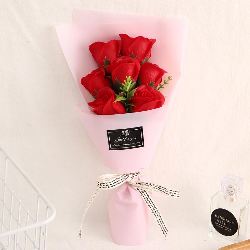 Teacher's Day 5-Flower Bouquet - Red Carnation & Soap Roses, Valentine & Qixi Gift