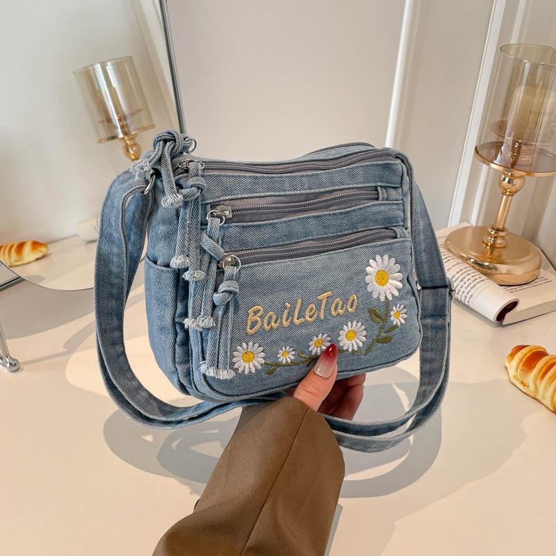Lightweight Denim Zipper Crossbody Bag Stitching Line Embroidery Decoration Bag Hot Sale Casual Youth Women's Shoulder Bags