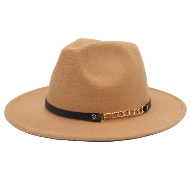 New Shanghai Gentleman Felt Hat, Belt, Iron Chain,Foreign Trade Top Hat, Light-Bottomed Fedora, Large Brim Hat