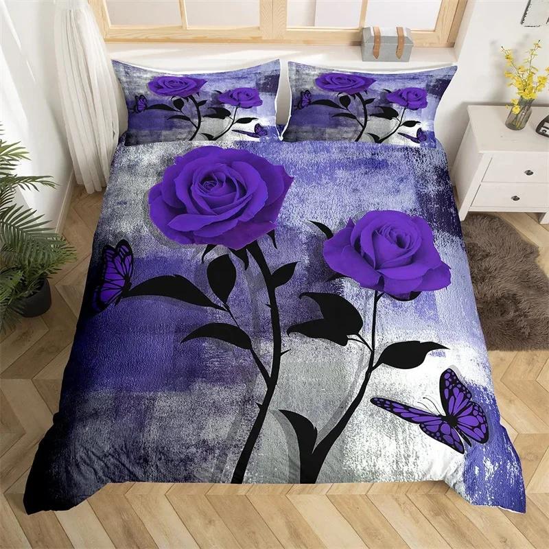 Rose Flower Duvet Cover Single King Oil Painting Butterfly Floral Bedding Set Microfiber Vintage Watercolor Artwork Quilt Cover