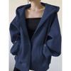Women's Premium Navy Blue Cotton Hoodie: Fleece-Lined, Thickened, Loose Fit, Perfect for Autumn and Winter, Hooded Baseball-Style Cardigan.