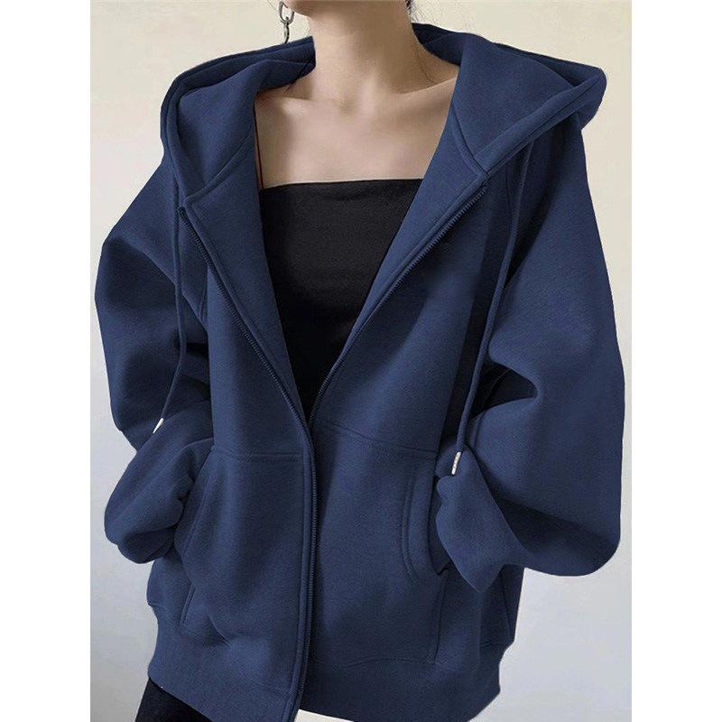 Women's Premium Navy Blue Cotton Hoodie: Fleece-Lined, Thickened, Loose Fit, Perfect for Autumn and Winter, Hooded Baseball-Style Cardigan.