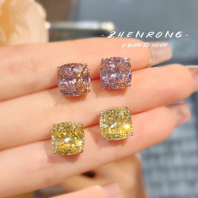 14K Platinbeschichtete Ohrstecker mit eingelegten hochkohlenstoffhaltigen Labordiamanten Ohrpiercing Schmuck Damen Kissenförmiger Edelstein Exquisiter Schmuck